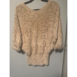 Wishlist Fuzzy Sweater V Neck Dolman Sleeve oversized Beige S/M‎ Knit Top